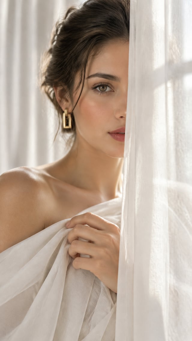 A poised woman with swept-back dark hair peers from behind a sheer white curtain, one eye and half h