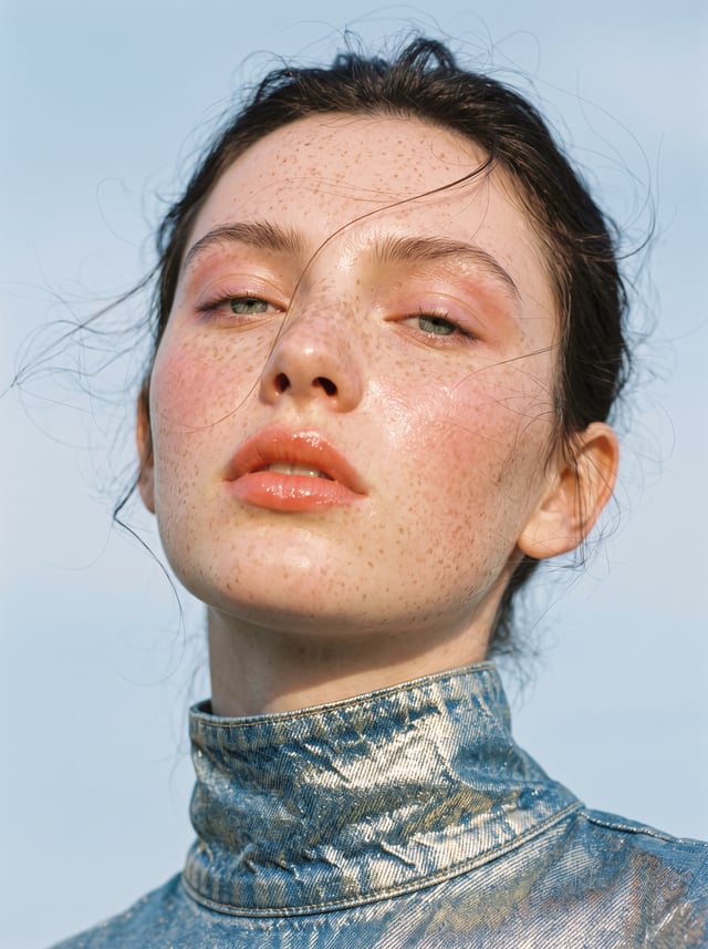 Ultra close-up high-fashion beauty editorial, shot on 35mm film, soft late-afternoon sunlight, low a