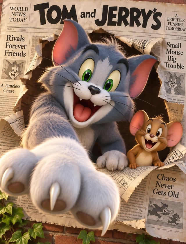 Highly detailed 3D CGI digital illustration of classic Tom and Jerry characters bursting dynamically