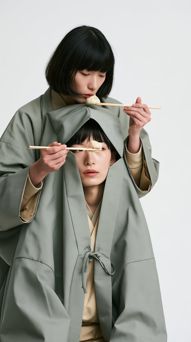 Modern studio photograph of two young Japanese adults performing Nininbaori. Clean and stylish aesth