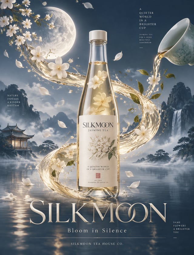 # 第5组：茉莉花茶 "SILKMOON" · 结构化提示词## 一、总体定位为虚构的高端东方花茶品牌 "SILKMOON" 创作竖版海报广告。超写实纤细玻璃花茶瓶为绝对主角，融合精致高图形感海报系统