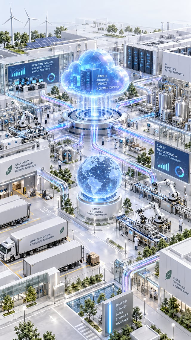 A pristine isometric smart-manufacturing campus centers on a luminous translucent cloud-computing co
