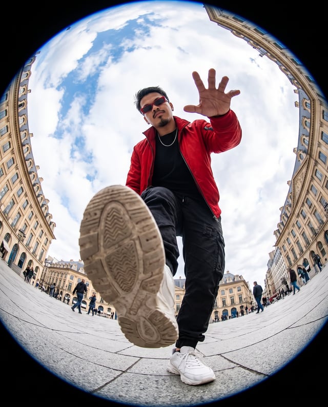 Ultra-realistic action photography, extreme fisheye lens, 8mm, worm’s-eye view from ground level, dy