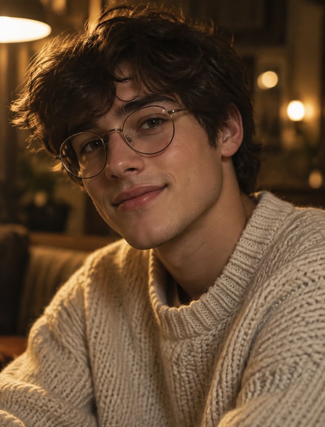 A young person with tousled dark hair and round wire-frame glasses turns slightly toward the camera,