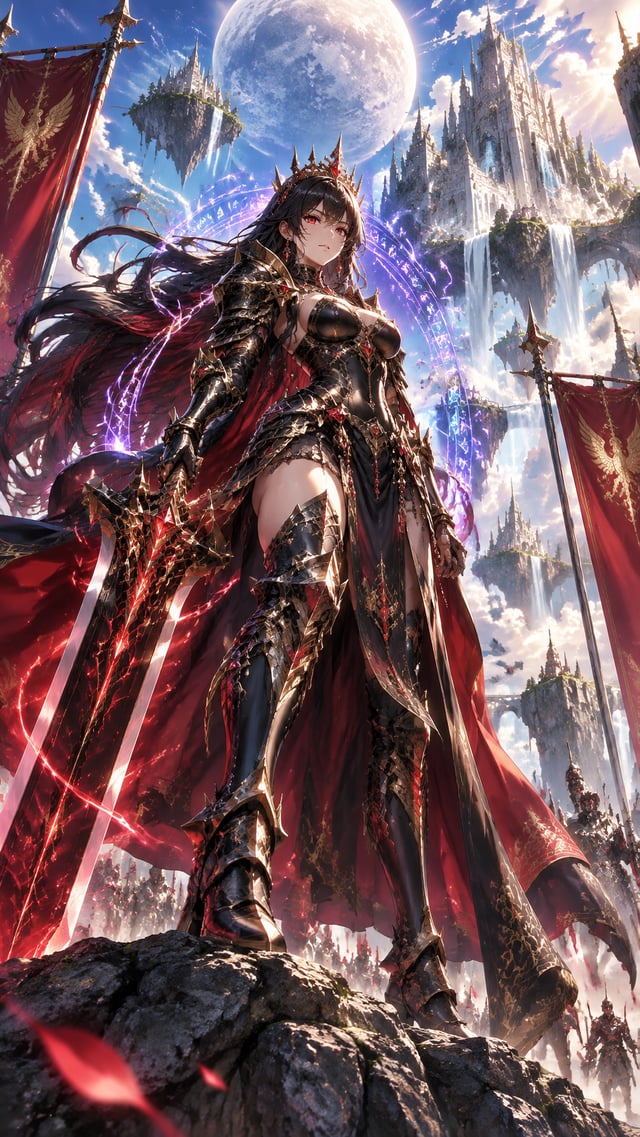 أنشئ لوحة افتتاحية سينمائية عمودية بنسبة 9:16 لشخصية محاربة خيالية بالغة، بأسلوب Anime Fantasy JRPG 