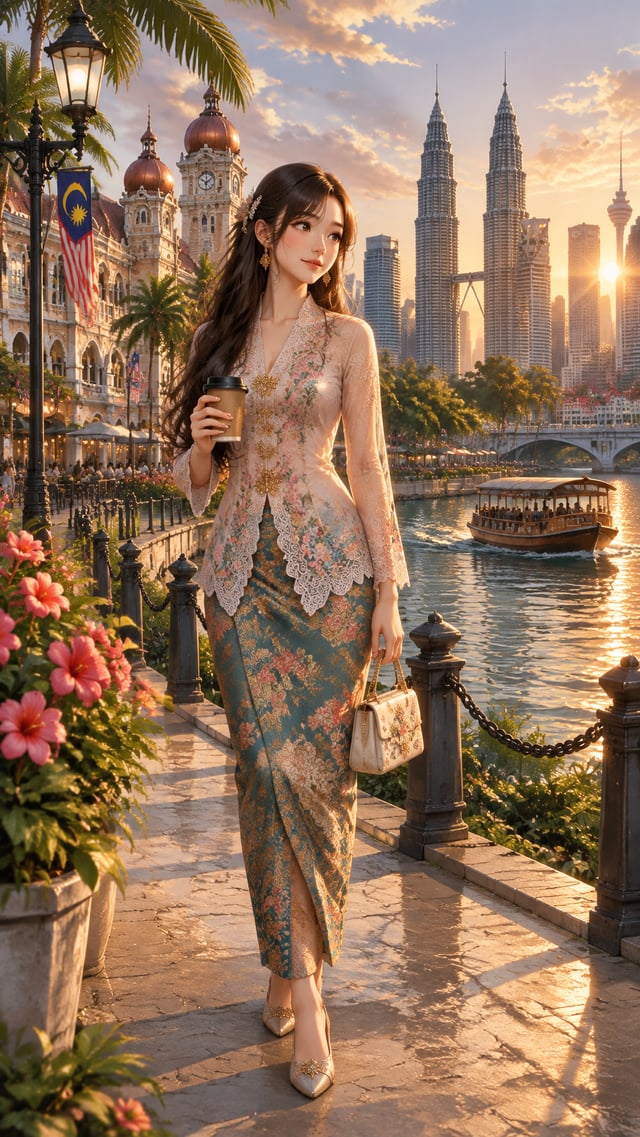 Create a cinematic anime illustration of a beautiful young Malaysian woman standing elegantly beside