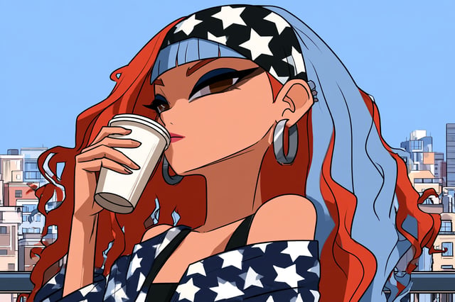 Red-haired girl with curly hair with a cup of coffee on the balcony, morning city from below