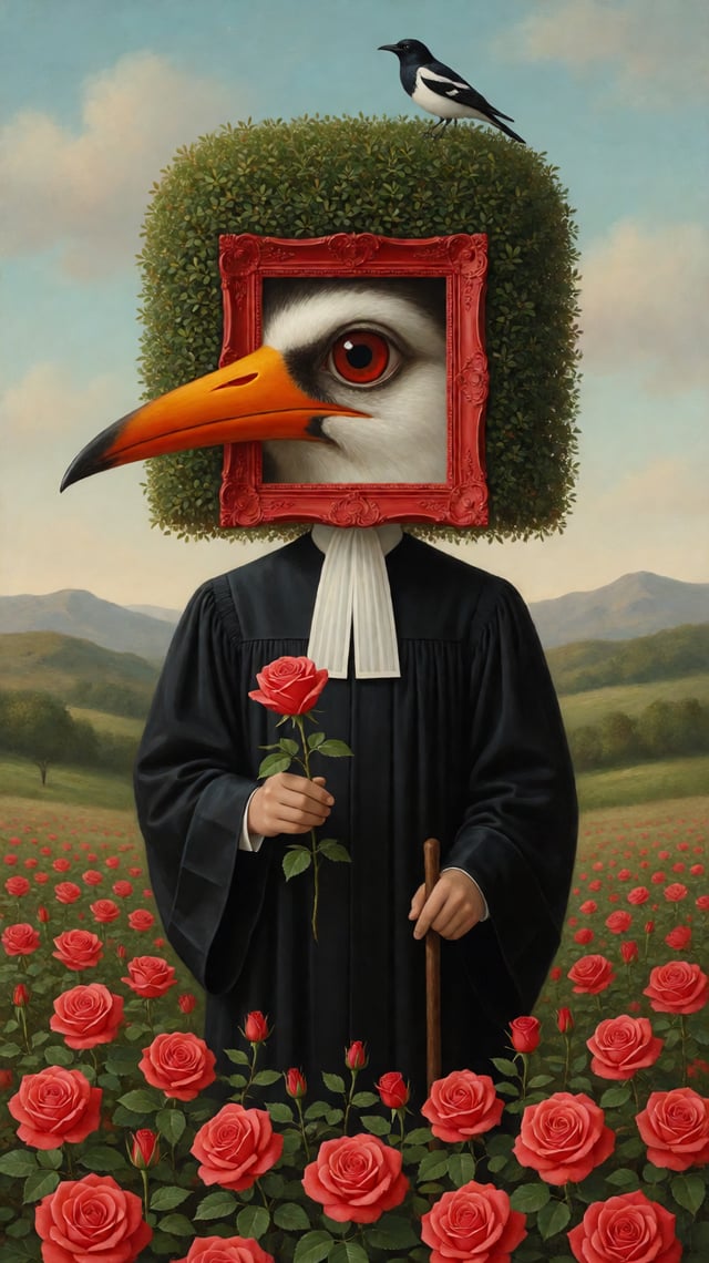 超现实主义油画，风格类似Mark Ryden和René Magritte，中心人物为无面男子身穿黑色法官长袍配白色领巾，头部被一个红色华丽画框取代，框内有一只巨大的写实人眼（红色虹膜）和长长的橙色鸟喙