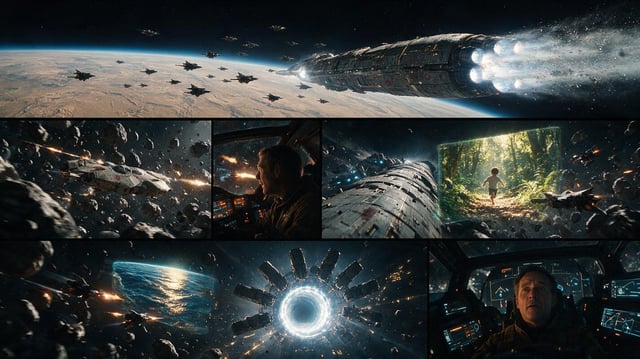 15-second cinematic, photorealistic science-fiction action short in 16:9. A spectacular, emotionally