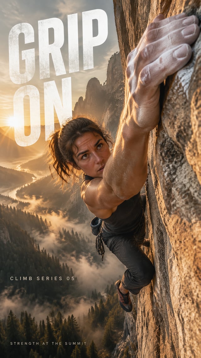 A cinematic vertical 9:16 sports poster in warm golden tones. A fictional female rock climber in her