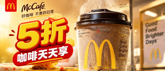 麦当劳 McCafé「咖啡天天5折」【格式】高端快餐连锁社交媒体广告，4:5 竖版，信息流主视觉，咖啡促销广告，4A 级美术指导，Behance 首页品质，8K UHD，超写实，摄影 × 平面设计融合
