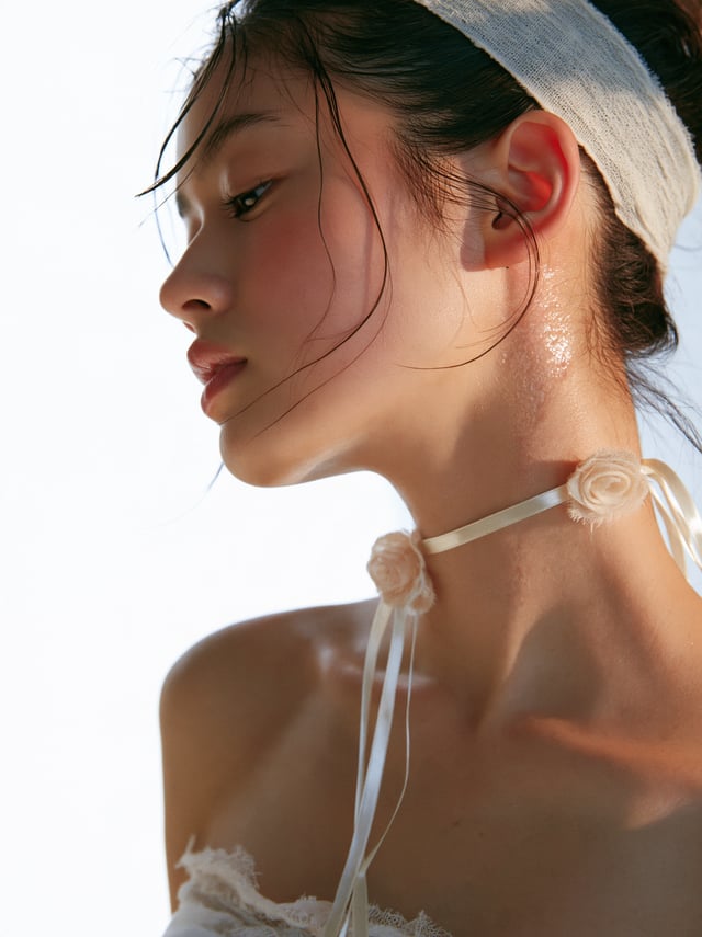 a profile photograph focusing on a young Japanese woman's neck and shoulder area. she wears a thin w