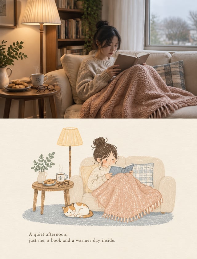 【场景设定】竖版 3:4「实景照片 + 极简插画」记忆卡。场景：周末午后的客厅阅读角，一人窝在米色沙发里盖着针织毯看书，旁边木质边几上有热茶、眼镜和一盘小饼干，落地灯亮着，窗外是柔和阴天。【布局】- 