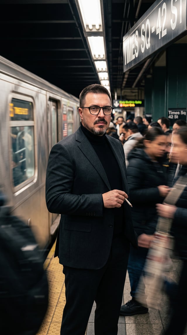 Cinematic portrait of a stylish man standing on a busy subway platform, wearing a dark tailored suit