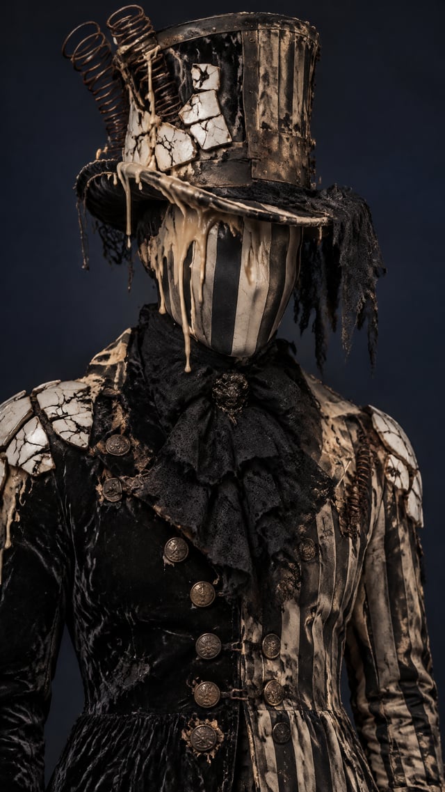 A photorealistic studio portrait, vertical 3:4, upper body shot of a faceless surreal fashion sculpt