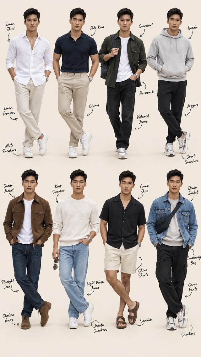 Create a freeform fashion-editorial collage of me in 8 distinct full-body casual wear, arranged orga