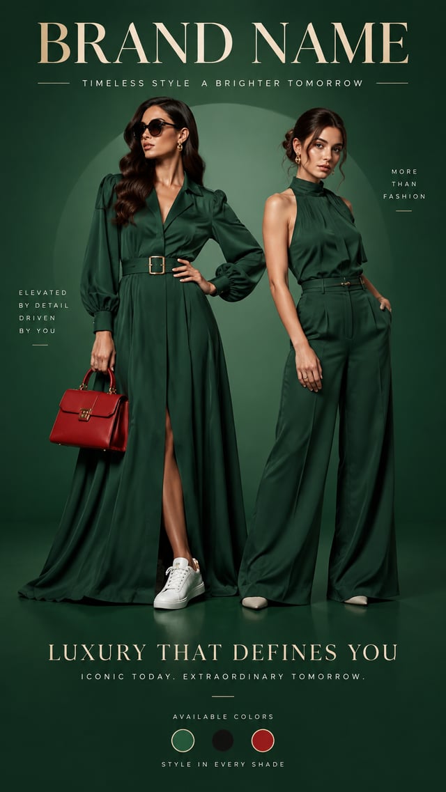 Luxury fashion advertisement poster, deep green background with a soft circular gradient behind the 