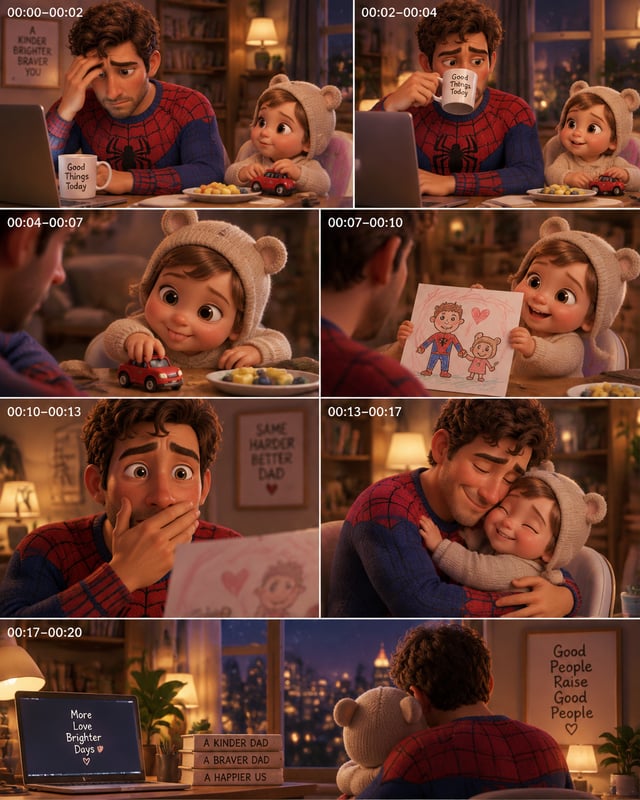 Create a heartwarming 20-second cinematic 3D animated family scene set in a cozy home office on a wa