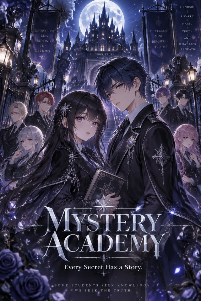 Mystery Academy, a beautiful anime girl with long black hair and a handsome anime boy with dark blue