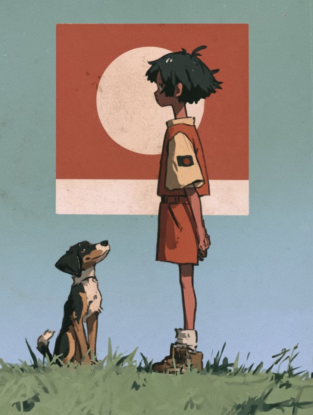 boy，dog and moon