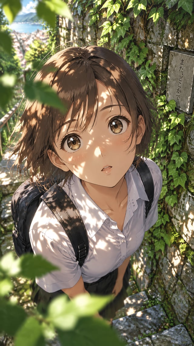 A high-angle, close-up digital anime illustration of a young girl with short brown hair and wide, ex