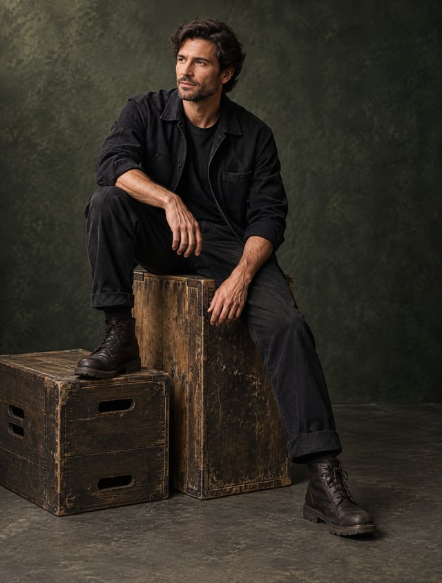 A contemplative adult man sits diagonally on a tall, worn wooden crate, one leg extended toward the 