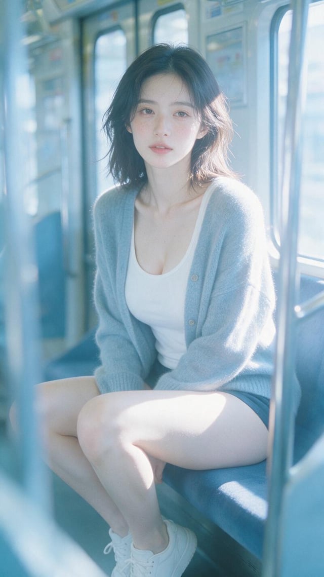 A clearly adult Taiwanese Instagram influencer, fair skin with subtle freckles, fox like refined fac