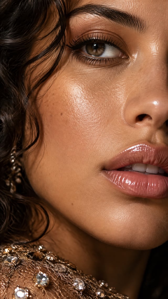 An ultra-close beauty portrait crops tightly around a woman’s brown eye, nose, glossy parted lips, c