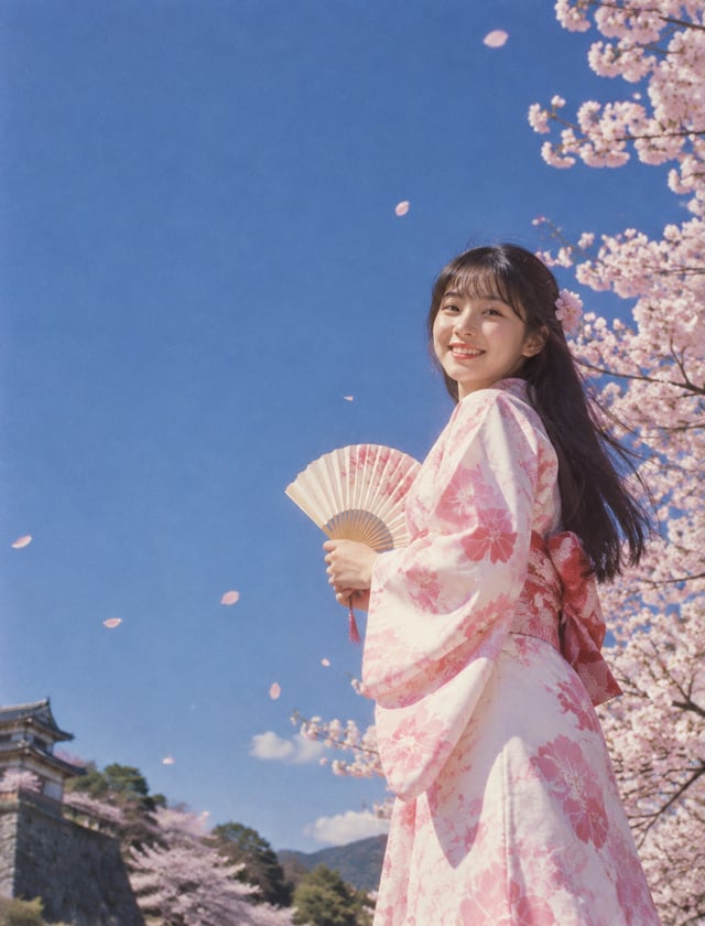 Japanese retro high school photography on vintage Kodachrome film. A young, energetic girl with long