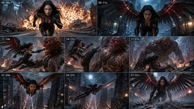 Create a 31-second ultra-realistic cinematic action sequence in a devastated modern city at night. M