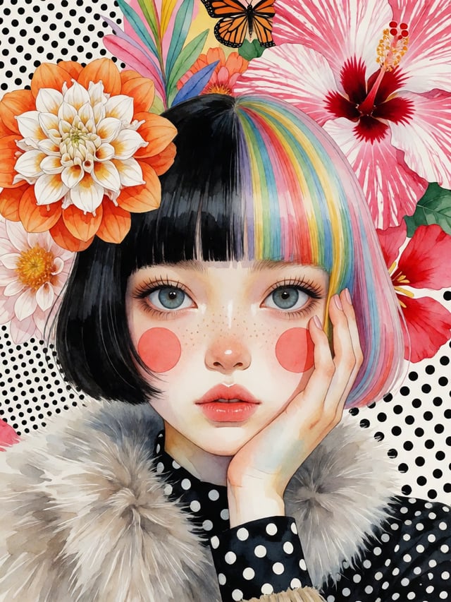 超精细数字绘画少女肖像，正面脸部特写构图，大而有表现力的蓝灰色眼睛带长睫毛直视观众，苍白的皮肤上鼻梁和脸颊可见雀斑，脸颊两侧有两个圆形珊瑚粉色腮红圆点，微张的粉唇，左手轻轻托住左脸颊露出美甲（袖口可见