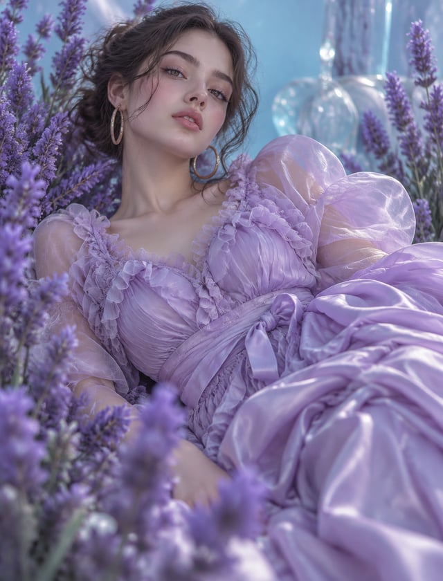 A young woman reclines among tall purple flower stalks, her head tilted toward the viewer with parte