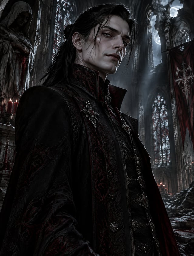Cinematic portrait of a terrifying original villain, hyper-detailed, dark fantasy style. A tall eleg