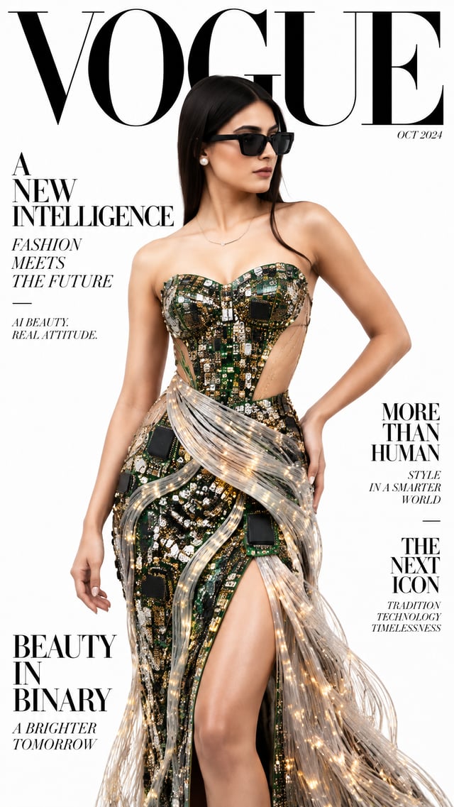 [UPLOAD YOUR IMAGE] Professional magazine cover design, Vogue style, fictional AI model with photore