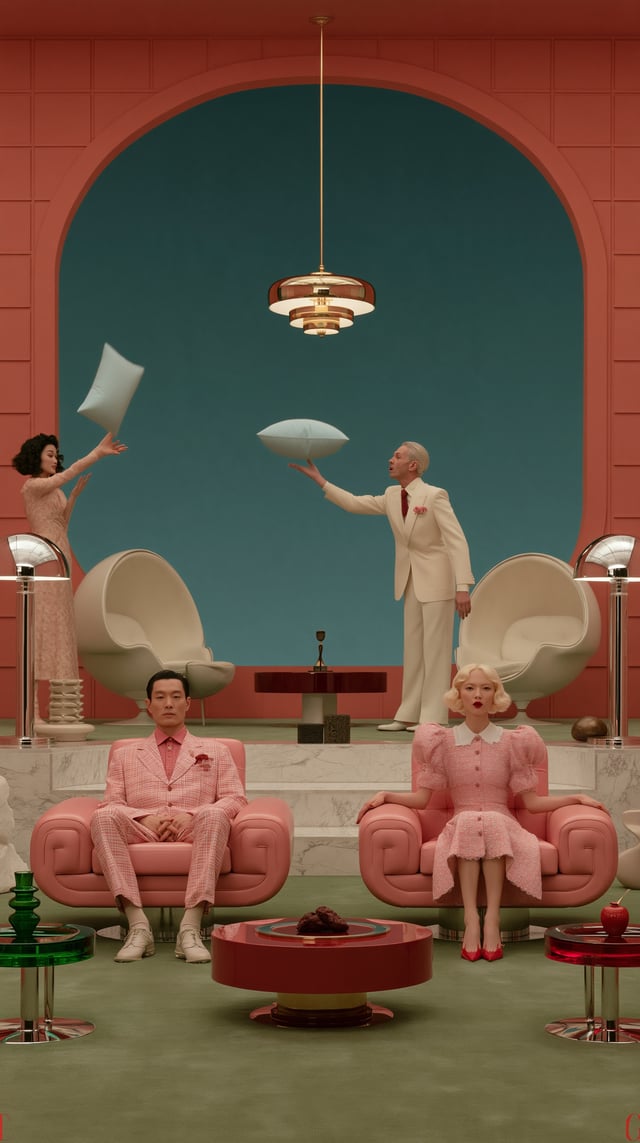 Luxury avant garde fashion campaign in an eccentric contemporary interior: modernist architecture, r