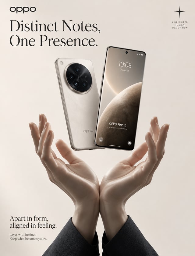 戛纳级奢侈广告海报，为 OPPO 设计。产品主导型编辑静物大片，融合雕塑氛围、藏家级材质精度与策展人式极简克制。竖版海报，正面平视，带轻微编辑纪念碑感。【构图与布局】画面主体为一双雕塑感人体双手，自画