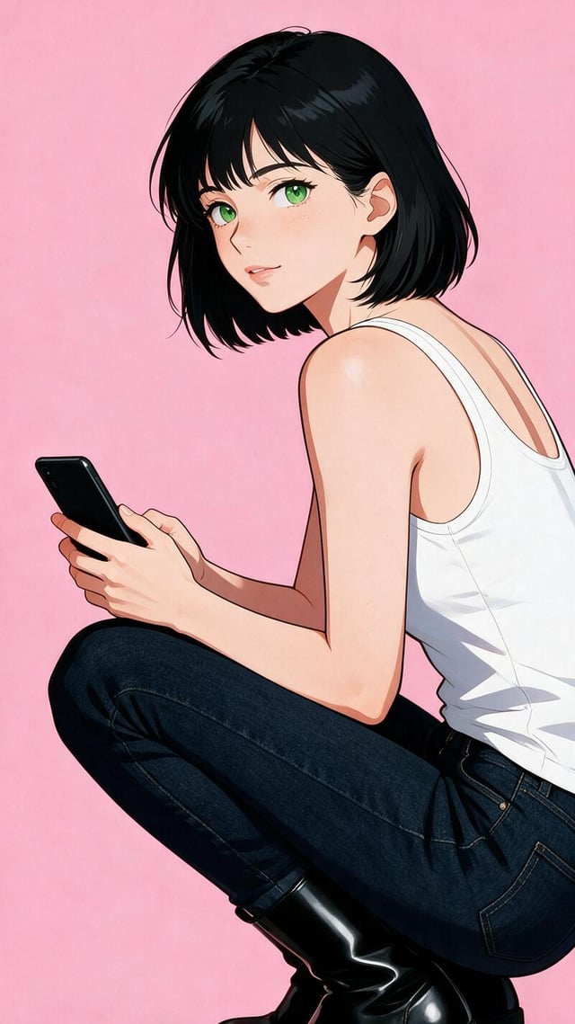 A stylized anime-inspired portrait features a young woman with chin-length black hair and striking g