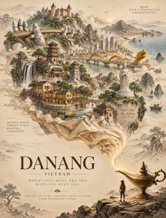 Create an elegant, premium travel poster featuring a magical miniature world of Danang City emerging