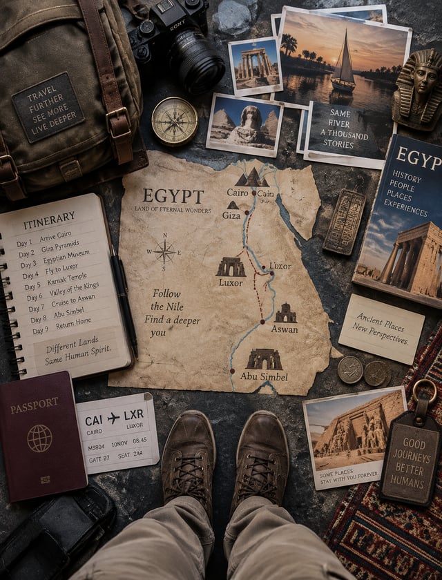 Create an ultra-premium top-down travel planning poster for Egypt, merging extreme tactile realism w
