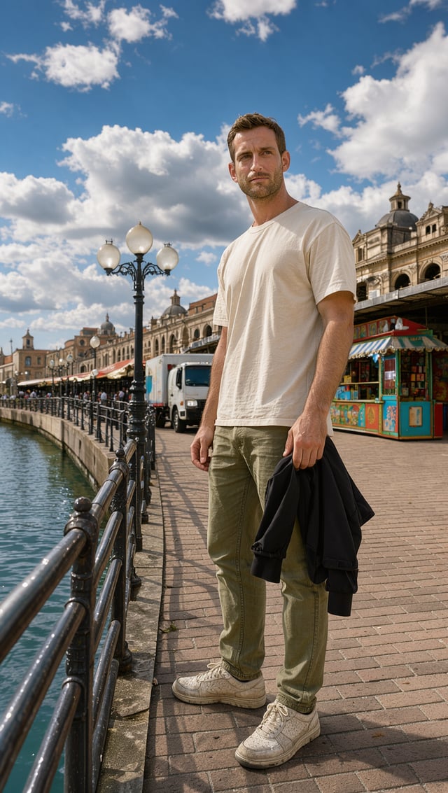 A casually dressed man stands on a sunlit waterfront promenade, holding a black jacket beside a cana