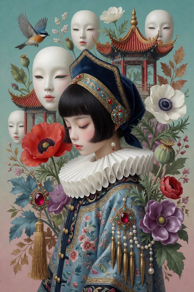 超现实奇幻肖像插画，1女孩，独奏，侧视图，向下看，闭眼，安详表情，细腻瓷质肌肤带柔和粉红腮红和鼻影，黑色短波波头带齐刘海；佩戴饰有金边的深蓝色华丽头饰（头巾）和大白色荷叶领，蓝色刺绣长袍配金色纽扣；背