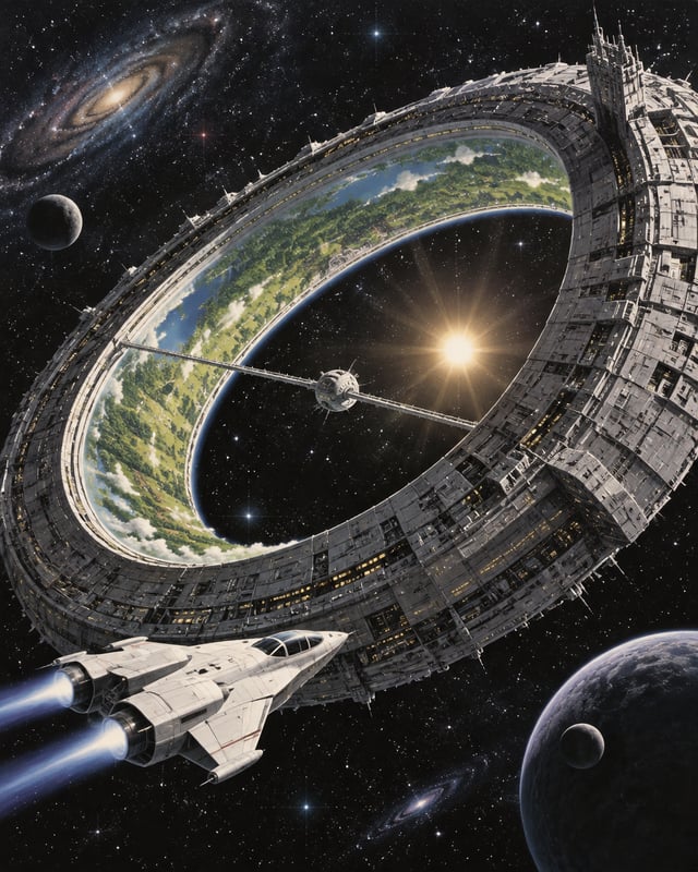 A vintage sci-fi painting of amassive ring-shaped spacestation in a starry cosmos. Theheavily greebl