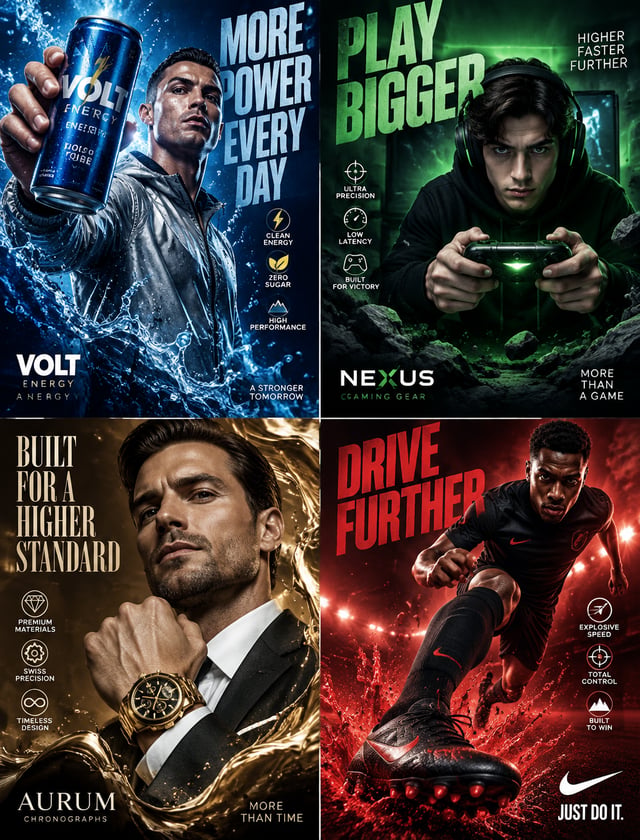 A four-panel vertical advertising collage presents distinct sports-lifestyle campaigns: a man in a r