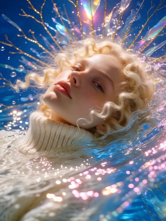 一幅梦幻而超现实的近距离肖像：一位年轻的浅肤色女性仰面漂浮在画面中央，头部轻轻后仰并侧转，面部朝向镜头，双眼微微睁开，白色瞳孔，神情宁静放松。她有淡金色卷曲发丝，被水流托起并散落在脸颊周围；鼻梁与柔和