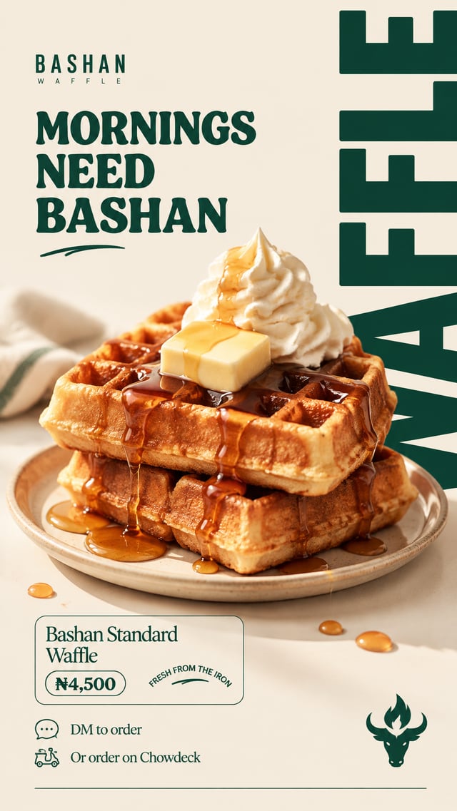 Vertical 9:16 premium food poster for a Lagos waffle brand called "BASHAN WAFFLE", made for Instagra