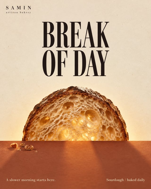 Create a finished vertical 4:5 advertising poster for a fictional artisan bakery called DAWN. Origin