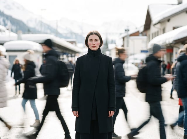 A high fashion magazine pictorial of an Alpine-looking woman in her early 20s who stands still, look