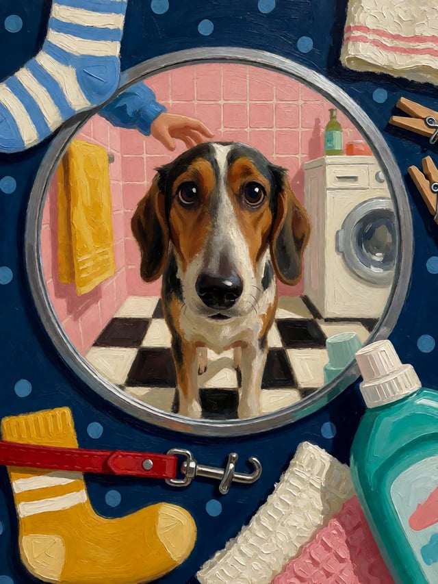 细灵犬的特写油画，夸张的长鼻梁直视镜头，大而有表现力的深色眼睛，带有可见笔触的纹理毛发，绘画数字艺术风格，厚涂质感，厚重的颜料涂抹，中央圆形舷窗框架作为镜子反射显示狗的全身站在黑白格纹地板上，背景反射