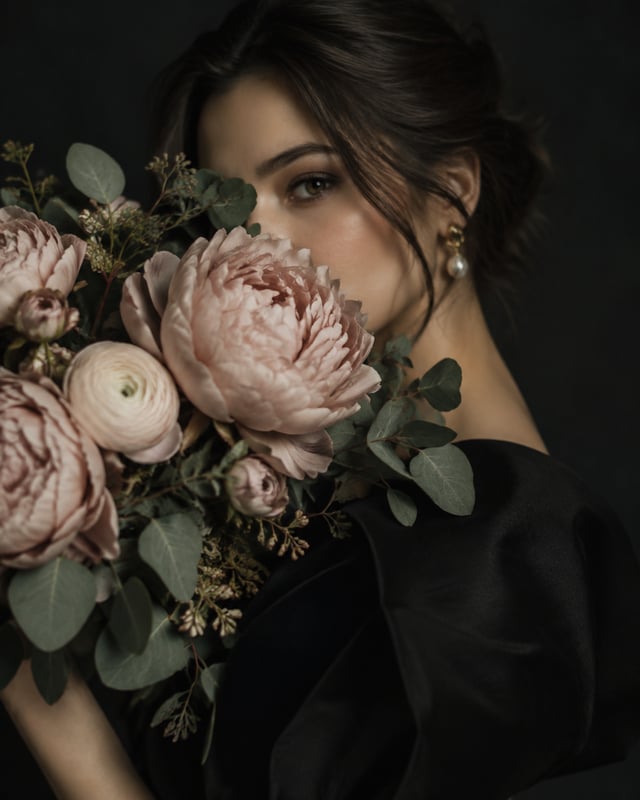 Main Prompt:Create an artistic fashion portrait with the subject's face partially concealed behind l