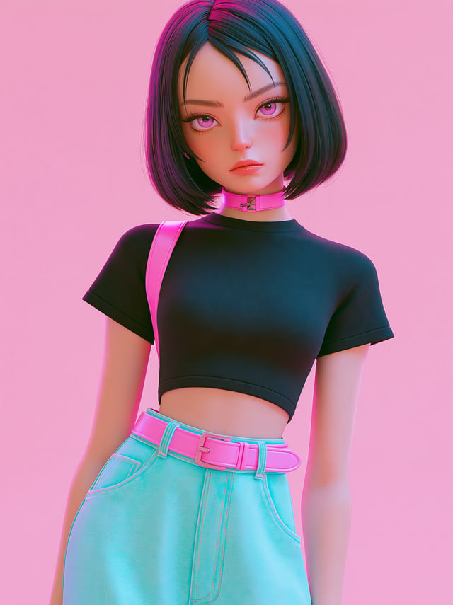 Turn this woman into a stylized 3D cartoon character in a black t-shirt and wide jeans.